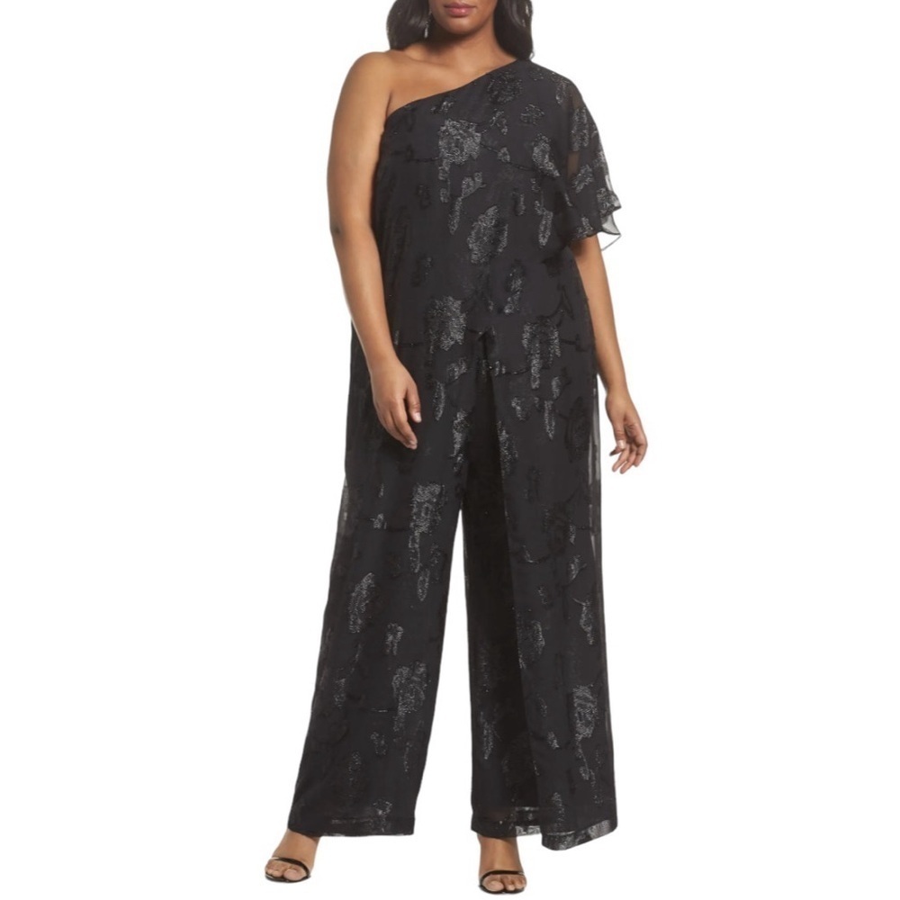 ADRIANNA PAPELL Plus Size‎ Black Floral Chiffon One-Shoulder Jumpsuit